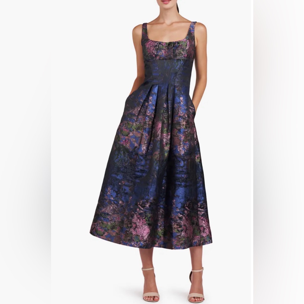 Kay Unger Navy Floral Jacquard Midi Dress With Pink Accents